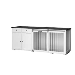 Large Dog Crate Storage Cabinet, Wooden Heavy-Duty Dog Pens with 2-Drawers and Sliding Door for Large Medium Dogs, White