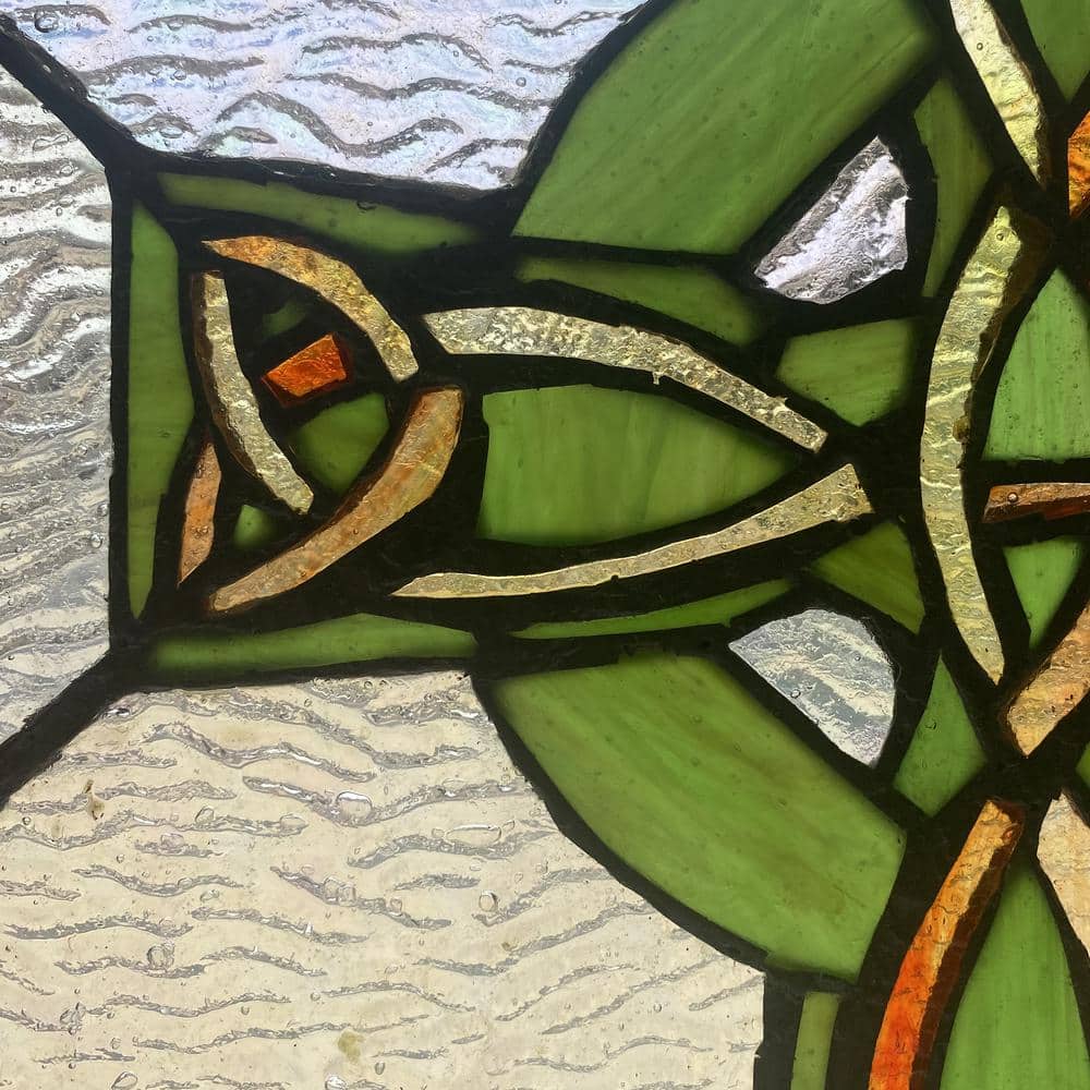 Green and Amber Stained Glass Celtic Cross Window Panel, 18" x 12"