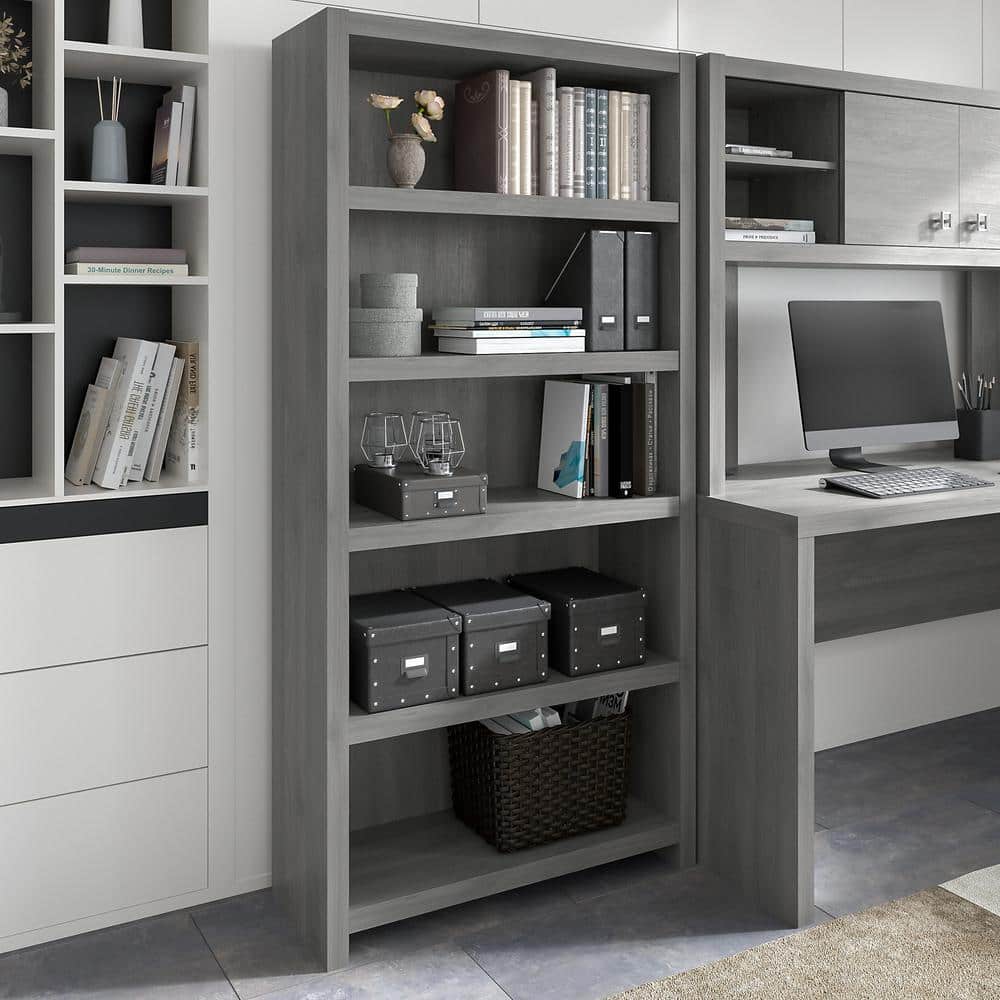 Modern Gray Adjustable 5-Shelf Wooden Bookcase