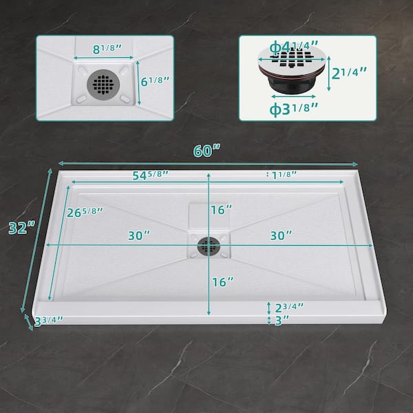 60 in. L x 32 in. W Single Threshold Alcove Shower Pan Base in White Acrylic Bathroom Shower Tray with double Strainer