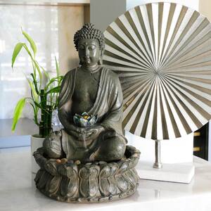 19 in. Tall Indoor/Outdoor Tabletop Meditating Buddha with Lotus Flower Fountain with LED Light