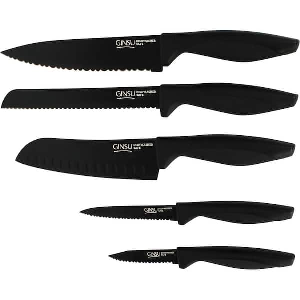 GINSU Black Handle Knife Set of 11 Knives With Wooden Block Not Complete  See Pic