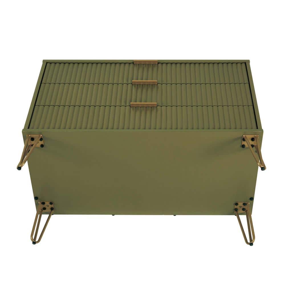 Olive Green 3-Drawer Chest with Gold Hairpin Legs
