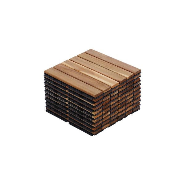 FIROMO 10 PCS Interlocking Deck Tiles Striped Pattern, 12 in. x 12 in. Square Yellow Acacia Hardwood Outdoor Flooring