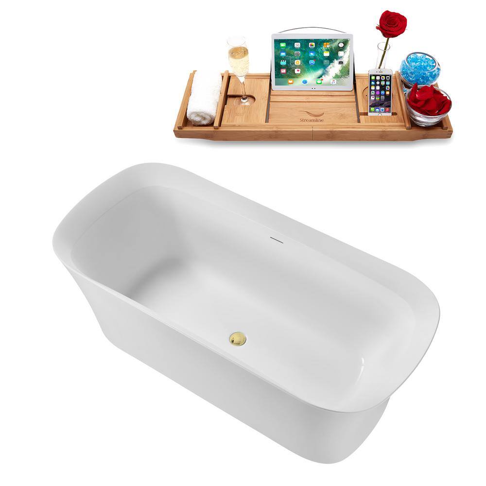 67" Glossy White Acrylic Freestanding Soaking Tub with Bamboo Tray