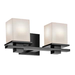 Tully 15 in. 2-Light Black Soft Modern Bathroom Vanity Light with Satin Etched Cased Opal Glass