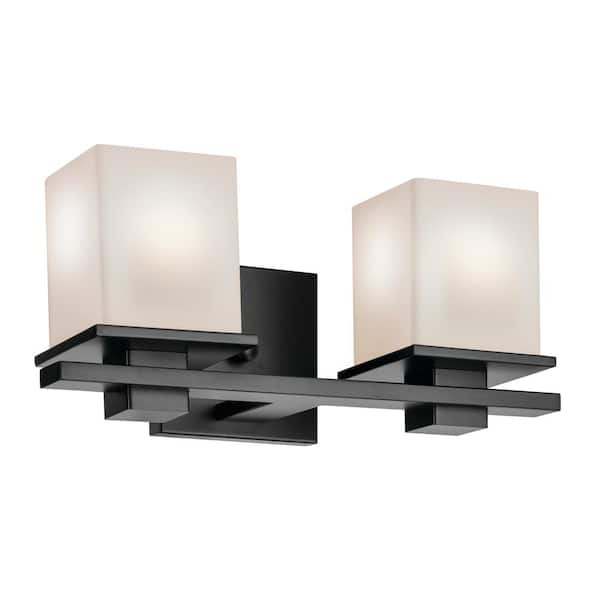 KICHLER Tully 15 in. 2-Light Black Soft Modern Bathroom Vanity Light with Satin Etched Cased Opal Glass