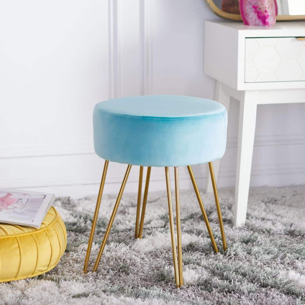 Abrea Aqua/Gold Velvet Round Accent Ottoman