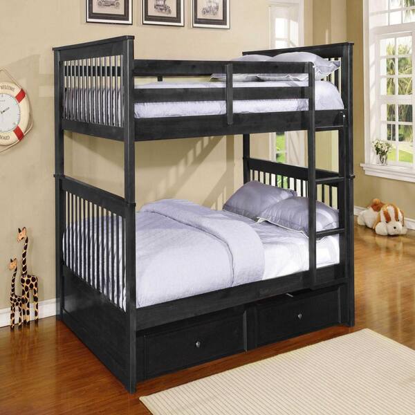 HomeRoots Amelia Charcoal Black Twin Over Full Bunk Bed with Trundle Storage
