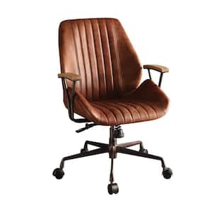 Brown Leather Seat Drafting Chair with Non-Adjustable Arms