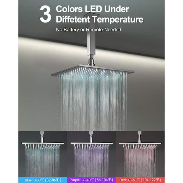 Smart LED And Temp with Valve 7-Spray Ceiling Mount 12 in. Fixed and Handheld Shower Head 2.5 GPM in Brushed Nickel