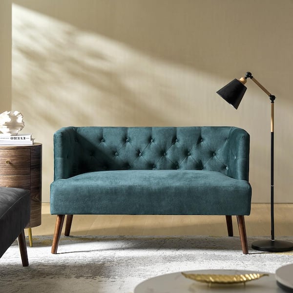 Placito Blue Mid-century Modern Tufted Loveseat with Solid Wood Legs