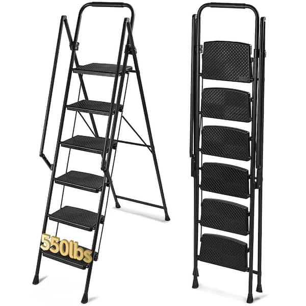 6-Step 6 ft. Reach Steel Folding Ladder with Anti Slip Wide Pedals, Safety Anti Slip Handle, Lightweight Portable, Black