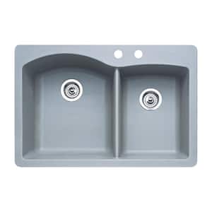 Diamond Dual-Mount Granite 33 in. 2-Hole 60/40 Double Bowl Kitchen Sink in Metallic Gray