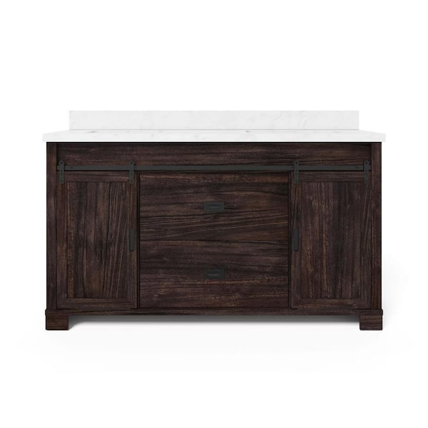 Brindley 60 in. Double Sink Freestanding Dark Walnut Bath Vanity with White Engineered Stone Top (Assembled)
