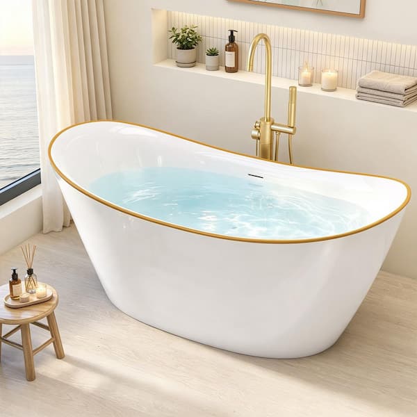 59 in. x 29.5 in. Acrylic Freestanding Soaking Bathtub with Center Drain in Gloss White with Champagne Gold Trim