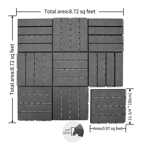 1 ft. W x 1 ft. L Square Plastic Patio Interlocking Deck Tile in Gray All Weather for Balcony (Pack of 27)