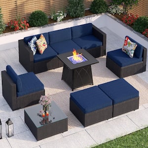 Black Rattan Wicker 7 Seat 9-Piece Steel Outdoor Fire Pit Patio Set with Blue Cushions,Ottomans and Square Fire Pit