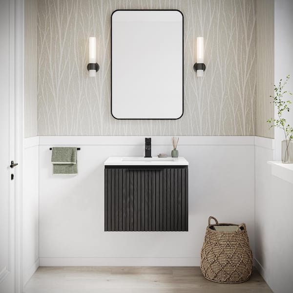 Elliot 24 in. W Single Sink Wall Hung Bath Vanity in Onyx Oak with White Quartz Top and Sink Unassembled