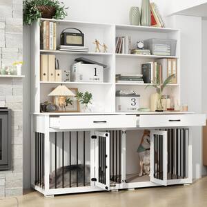 Wooden Dog Kennel Furniture Style Dog Crate Storage Cabinet, Indoor Dog Crate with 6-Shelf Bookcase Bookshelf, White