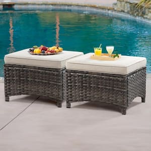 Wicker Outdoor Patio Ottoman with Beige Cushions (Set of 2)