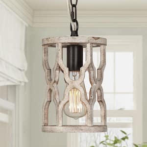 Farmhouse 1-Light Rustic Bronze Drum Pendant Light with Wooden Open Cage Frame