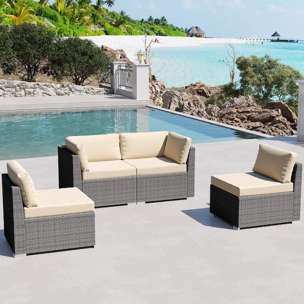 Gardenbee 4-Piece Wicker Outdoor Patio Sectional Sofa Conversation Set with Beige Cushions