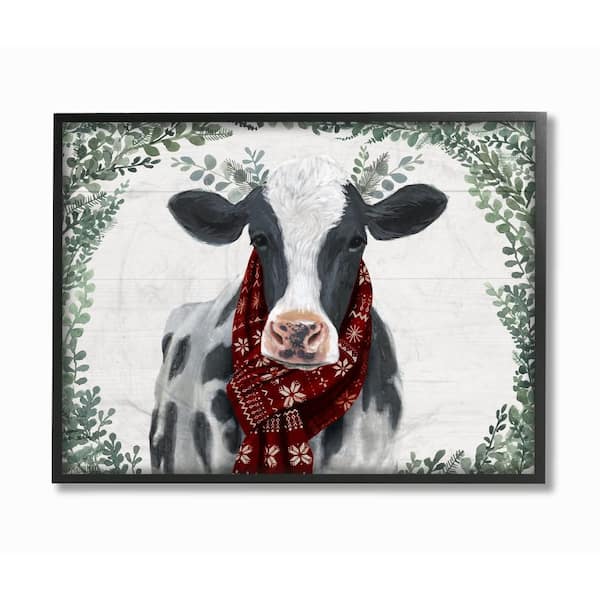 Stupell Industries 11 in. x 14 in. "Holiday Farmhouse Cow With Scarf and Boxwood Leaves" by Artist Victoria Borges Framed Wall Art