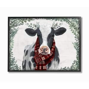 16 in. x 20 in. "Holiday Farmhouse Cow With Scarf and Boxwood Leaves" by Artist Victoria Borges Framed Wall Art