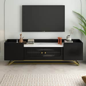 Modern Black TV Stand Fits TV's up to 70 in. with Fluted Glass, Gold Frame Base