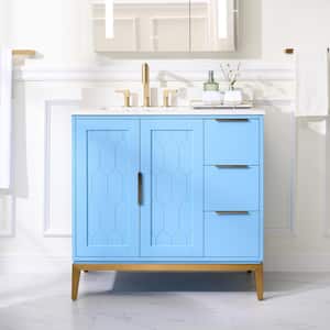 36 in.W x 22 in.D x 35 in.H Solid Wood Bath Vanity in Blue with White Quartz Top, Single Sink,Soft-Close Drawer and Door