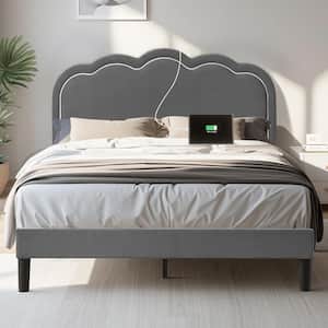Upholstered Bed Gray Metal Frame Queen Platform Bed Adjustable Charging Station Headboard LED Lights Bed Frame