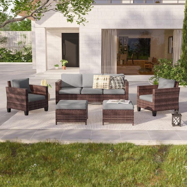 JOYESERY 5-Piece Outdoor Patio Conversation Set Widened Back and Arm Brown Rattan 3-Seat Sofa 2-Ottomans, Grey