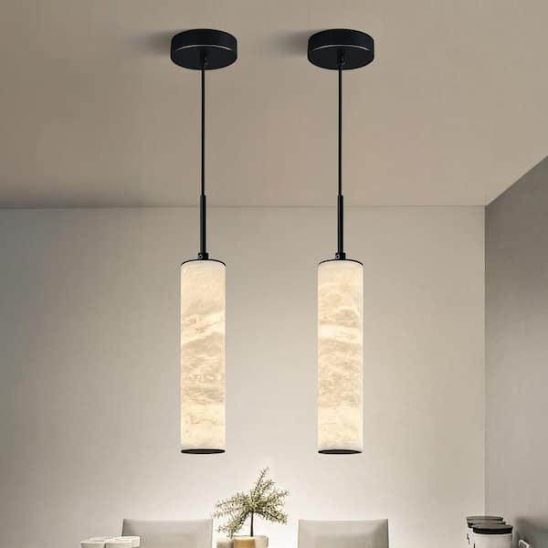Home Light 7-Watt 1 Light Black Dimmable Integrated LED Pendant Light With Alabaster Shade, 2Pack
