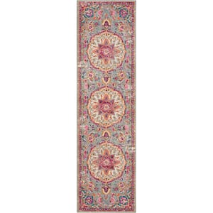 Passion Grey/Multi 2 ft. x 10 ft. Center medallion Transitional Runner Area Rug