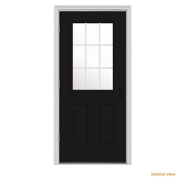 JELD-WEN 36 in. x 80 in. 9 Lite Black Painted w/ White Interior Steel Prehung Right-Hand Outswing Back Door w/Brickmould