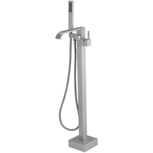 Single-Handle Floor Mount Freestanding Bathtub Faucet Waterfall Tub Filler with Handheld Shower in Brushed Nickel