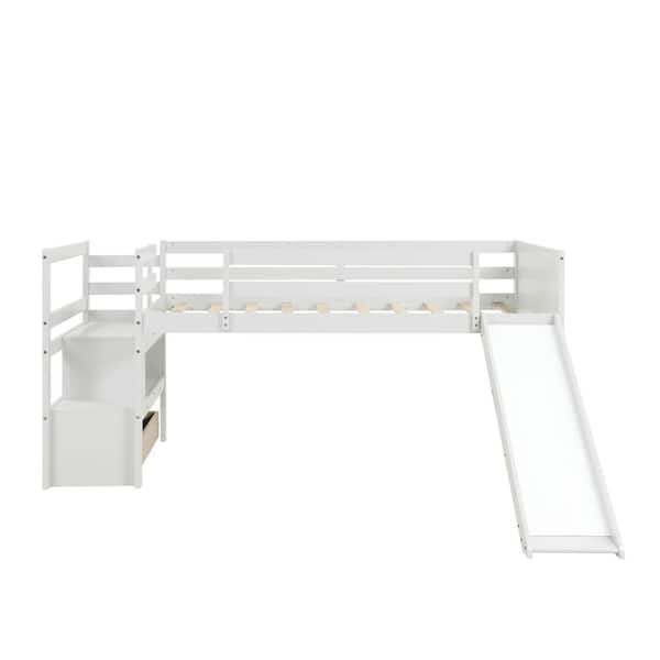 ANBAZAR Gray Twin Size Wooden Loft Bed with Removable Slide, Storage Drawer and Stairs, Slide can be Put on Either Side