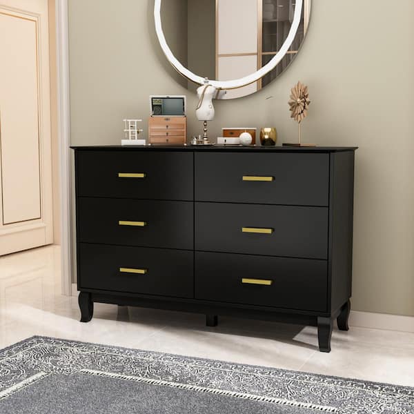 FUFU&GAGA 6-Drawer Black Dresser 31.5 in. H x 47.2 in. W x 15.7 in. D