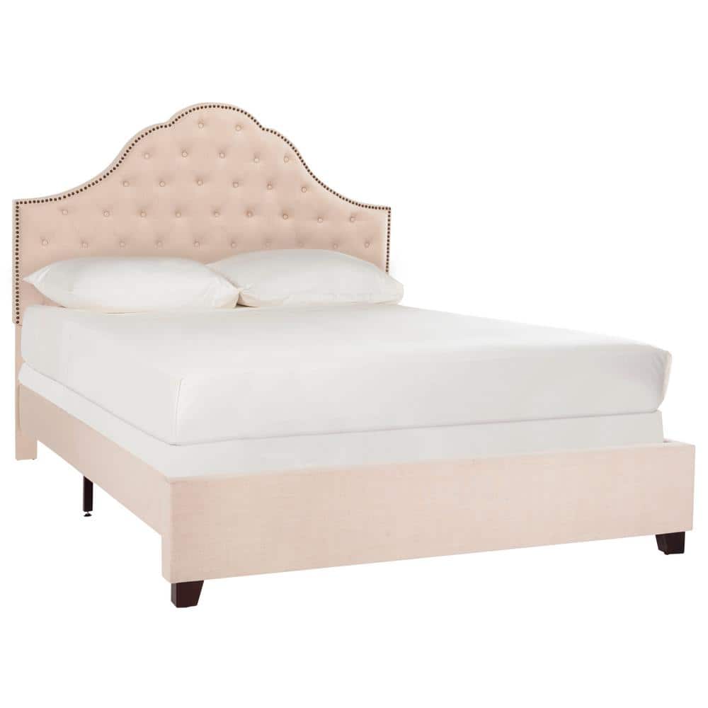 Elegant Beige Velvet Queen Platform Bed with Tufted Headboard & Nailhead Trim