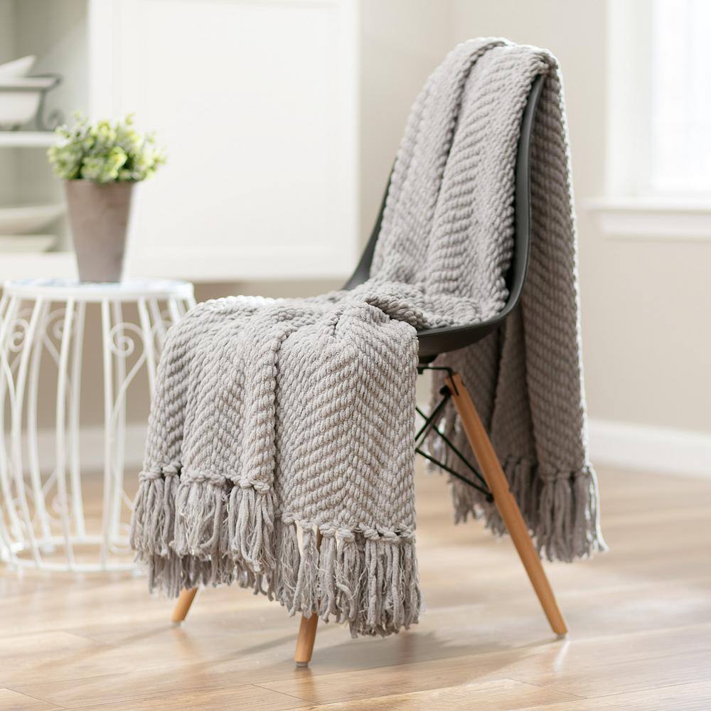 Silver Knitted Throw Blanket with Tassels, 50" x 65"