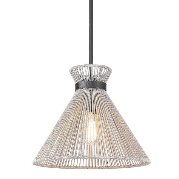Golden Lighting Avon 1- -Light Matte Black Medium Pendant with Bleached Raphia Shade