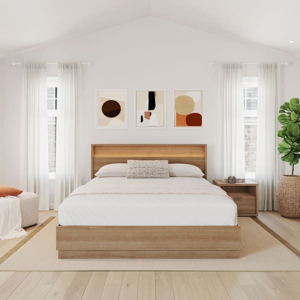 Harlow 3 Piece Brown Oak Wood Composite Queen Size Bedroom Set with Lighted Headboard
