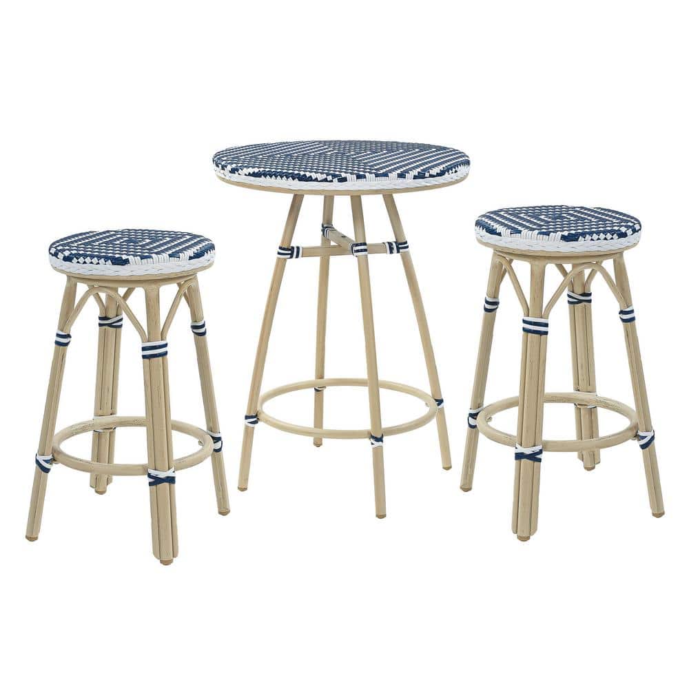 Three wicker bistro stools in navy and white on a white background.