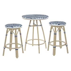 Urselle Natural Tone 3-Piece Wicker Outdoor Bistro Set in Navy and White