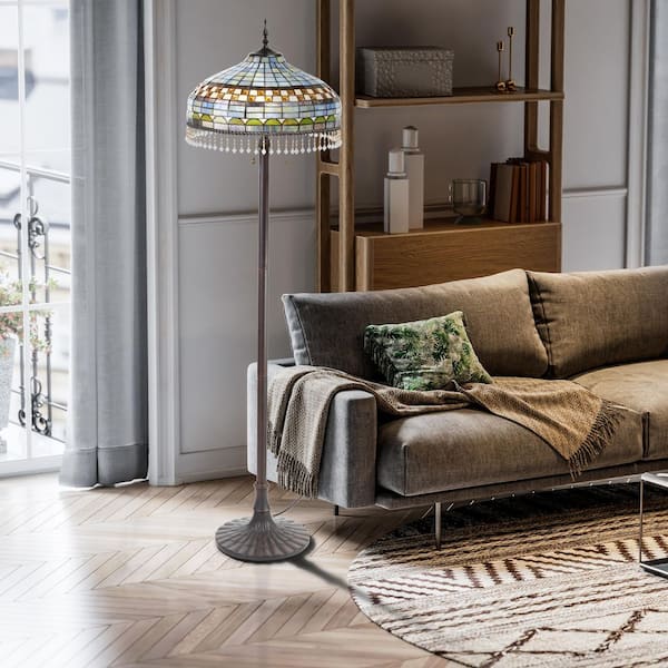 Aurelia 64 in. Bronze Tiffany Stained Glass 3-Light Candlestick Floor Lamp with Multicolor Dome Shade