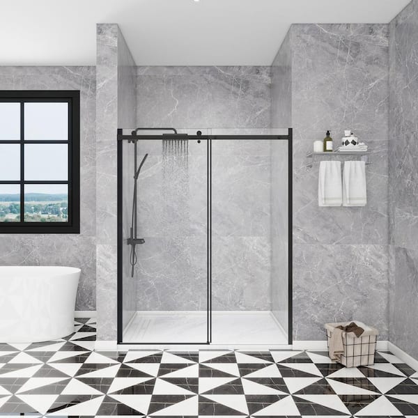 50-54 in. W x74 in. H Sliding Frameless Shower Door in Matted Black Finish with 5/16 in. Tempered Clear Glass