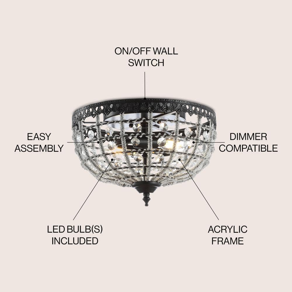 Anita 12.25" Black Metal & Clear Crystal LED Flush Mount Light