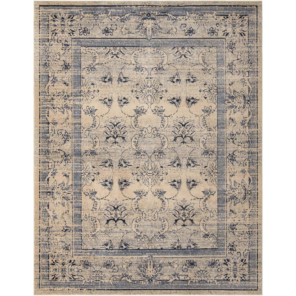 10' x 13' Blue and Ivory Floral Reversible Area Rug