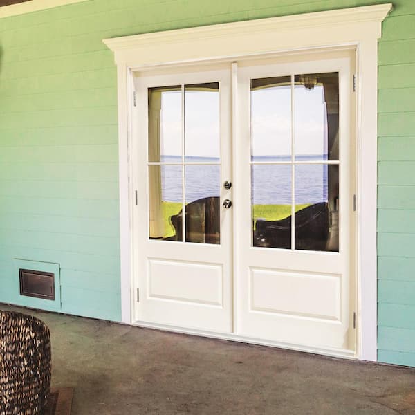 72 in. x 80 in. Fiberglass Smooth White Left-Hand Outswing Hinged 3/4-Lite Patio Door with 4-Lite SDL